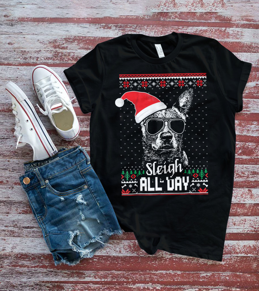 Sleigh All Day Funny Australian Cattle Dog Christmas Santa Hat Sunglasses Festive Knit T-Shirt