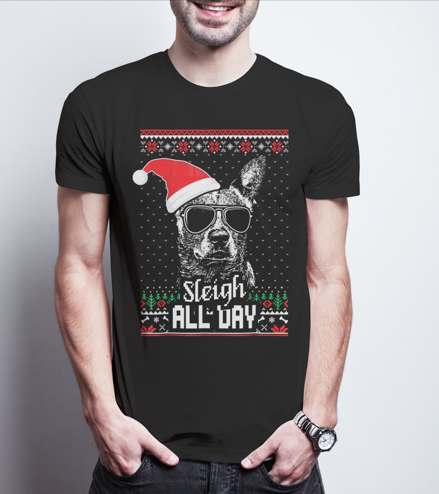 Sleigh All Day Funny Australian Cattle Dog Christmas Santa Hat Sunglasses Festive Knit T-Shirt