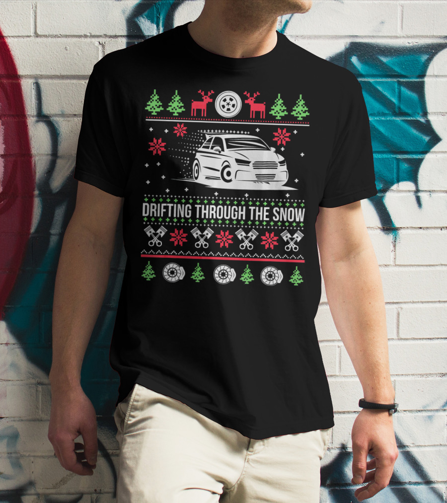 Drifting Through The Snow Christmas Car With Reindeer And Snowflakes T-Shirt