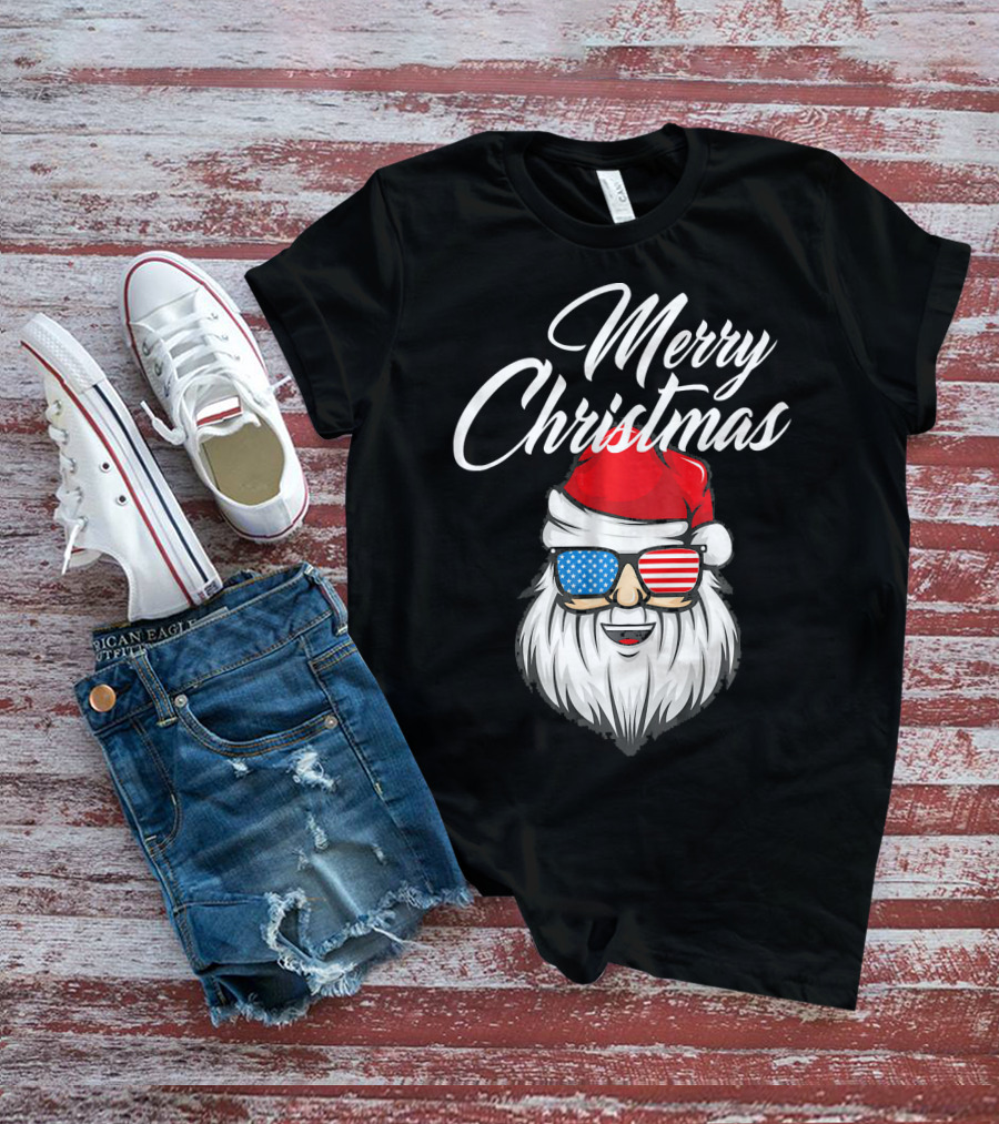 Merry Christmas Santa Claus Patriotic US Flag Sunglasses T-Shirt