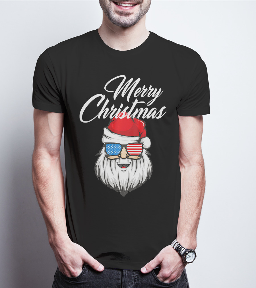 Merry Christmas Santa Claus Patriotic US Flag Sunglasses T-Shirt