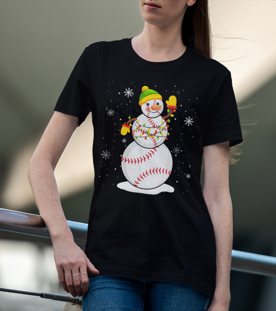 Christmas Snowman With Baseball Stitching And Santa Hat T-Shirt