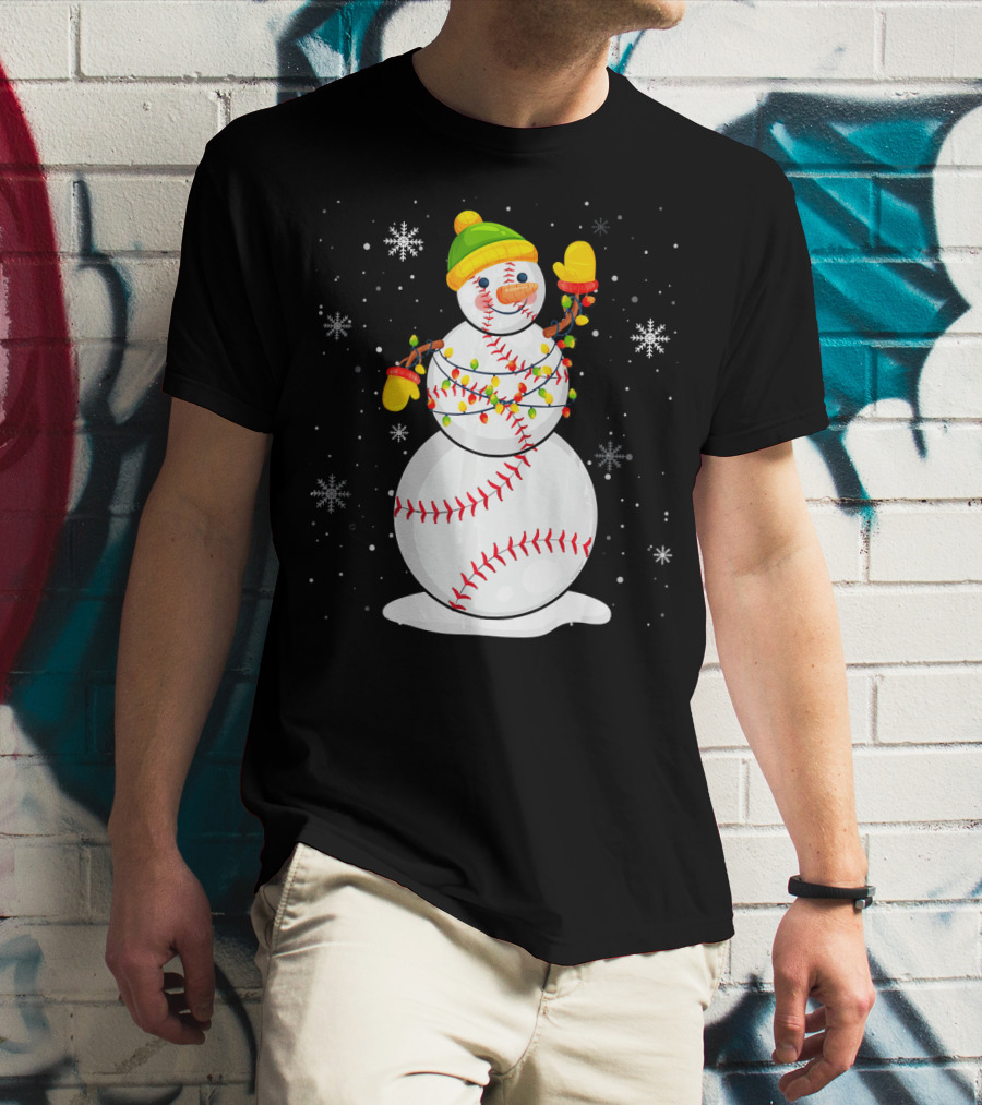 Christmas Snowman With Baseball Stitching And Santa Hat T-Shirt
