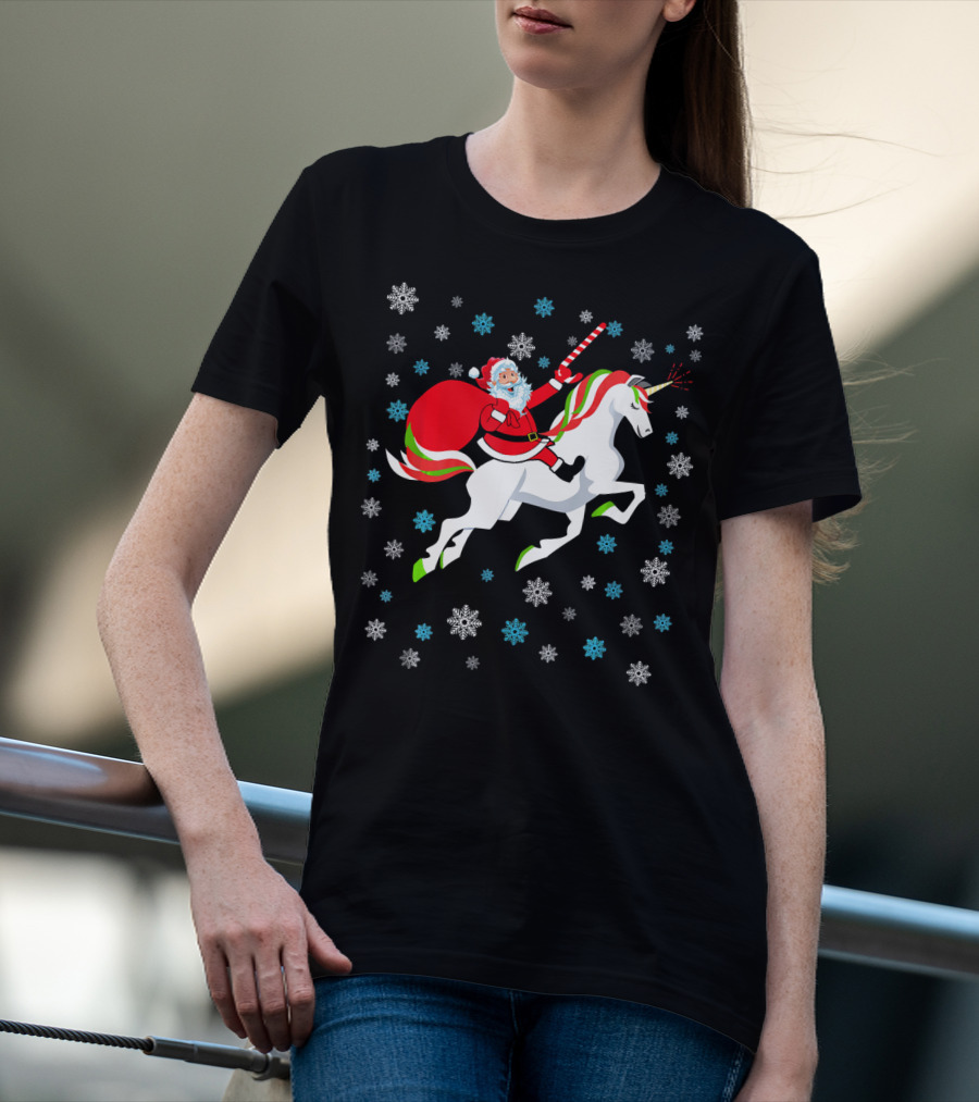 Christmas Unicorn Santa Riding Through Snowflakes T-Shirt