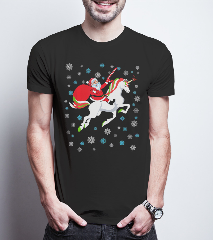 Christmas Unicorn Santa Riding Through Snowflakes T-Shirt