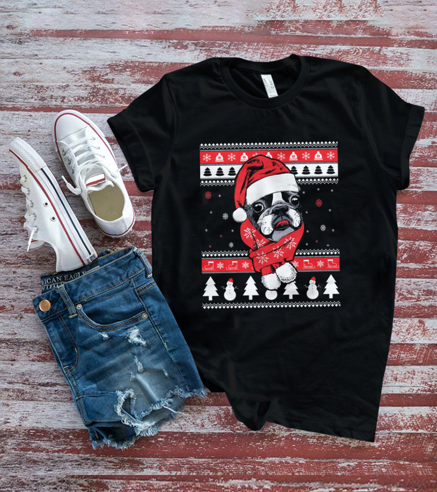 Funny Boston Terrier Christmas Santa Sweater Festive Dog T-Shirt