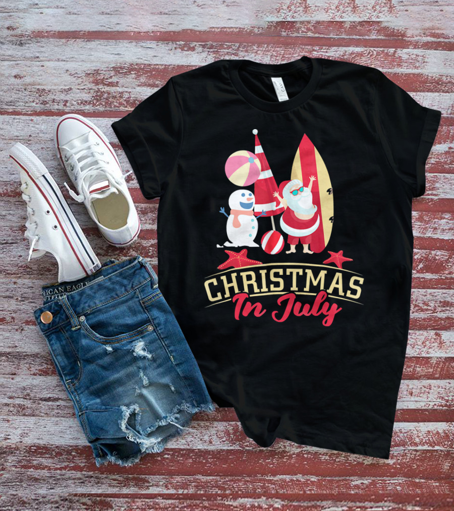 Christmas In July Santa Surfing Snowman Beach Ball T-Shirt