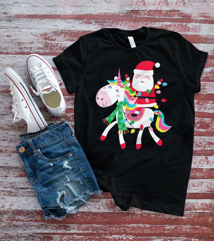 Santa Claus Riding Unicorn With Christmas Lights And Scarf T-Shirt