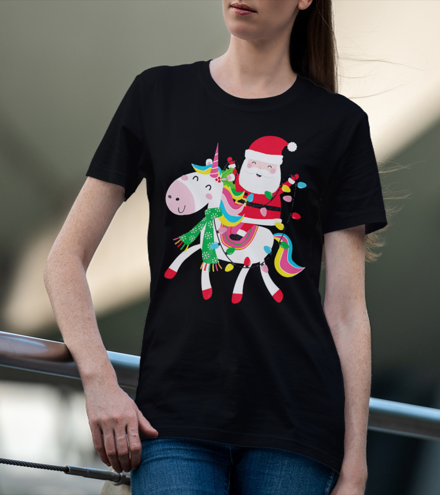 Santa Claus Riding Unicorn With Christmas Lights And Scarf T-Shirt