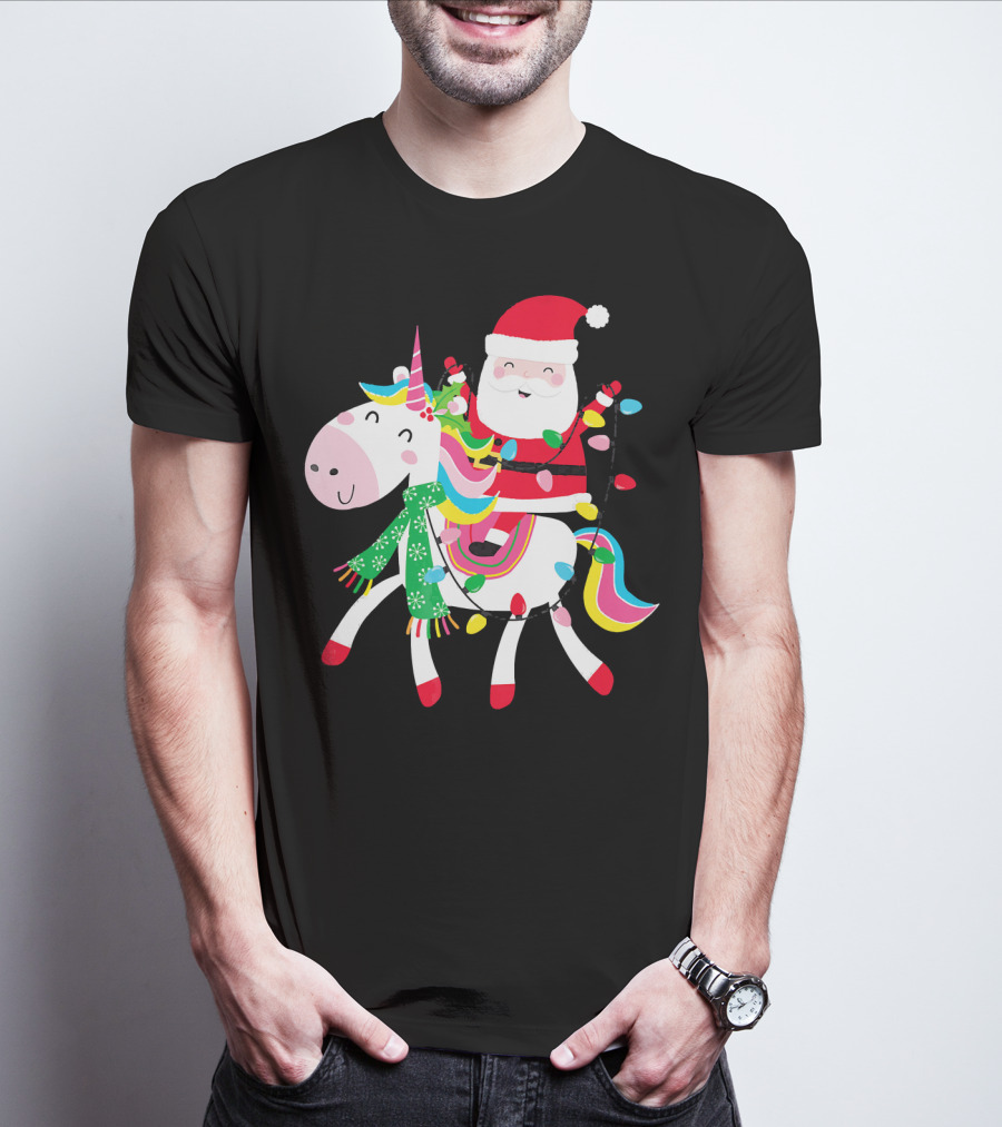 Santa Claus Riding Unicorn With Christmas Lights And Scarf T-Shirt