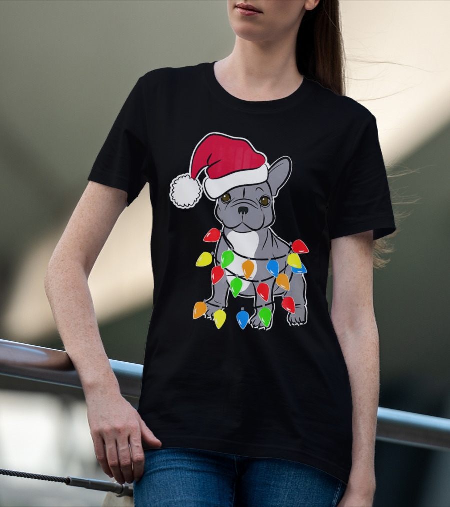 Santa French Bulldog With Christmas Lights T-Shirt
