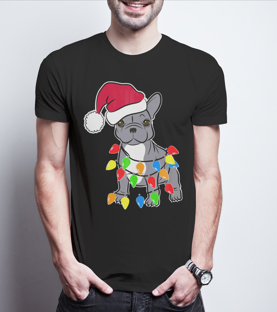 Santa French Bulldog With Christmas Lights T-Shirt