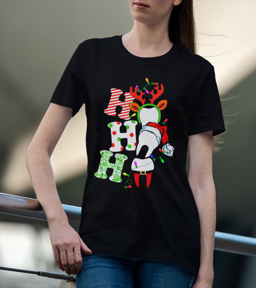 Ho Ho Ho Funny Santa Teeth Christmas Lights Reindeer Antlers T-Shirt