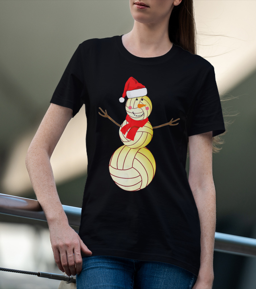 Funny Volleyball Snowman With Santa Hat And Scarf T-Shirt