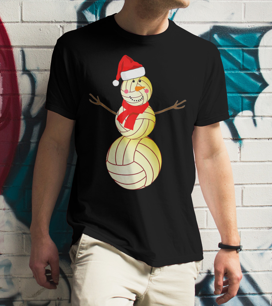 Funny Volleyball Snowman With Santa Hat And Scarf T-Shirt