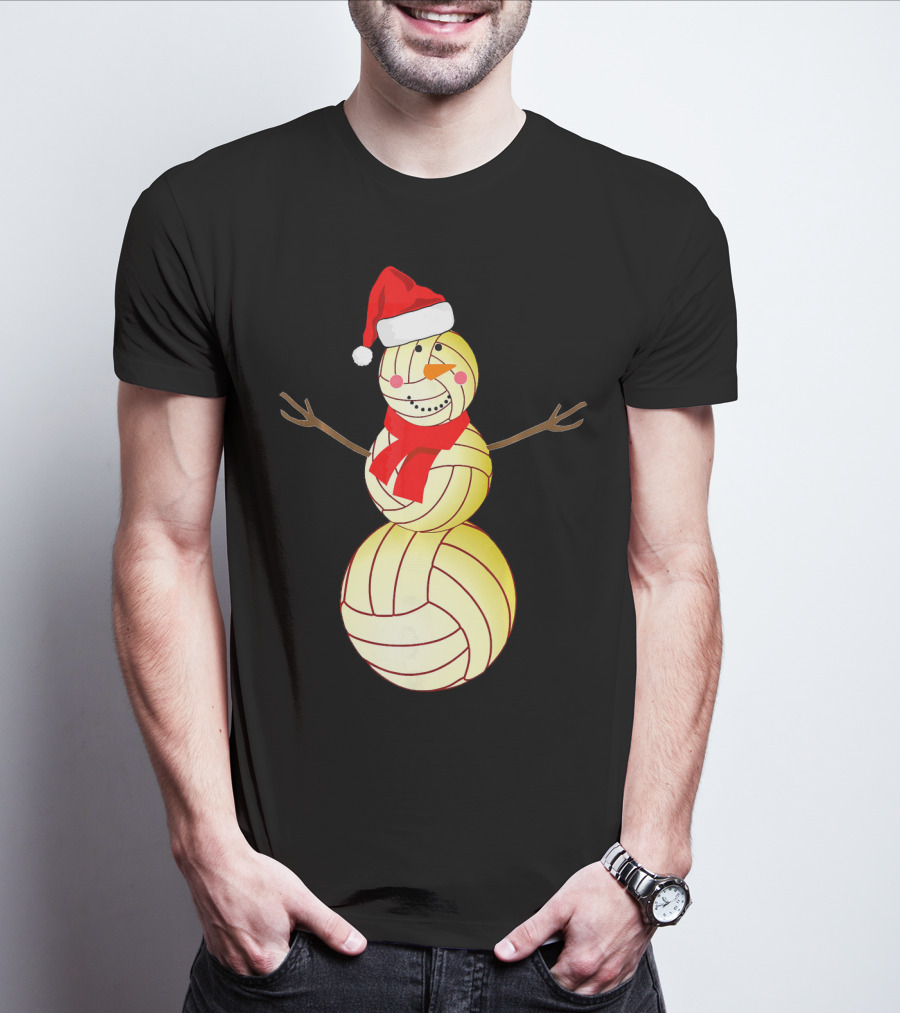 Funny Volleyball Snowman With Santa Hat And Scarf T-Shirt