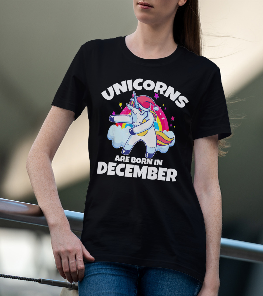 Unicorns Are Born In December Dabbing Unicorn Rainbow Stars Santa Hat T-Shirt