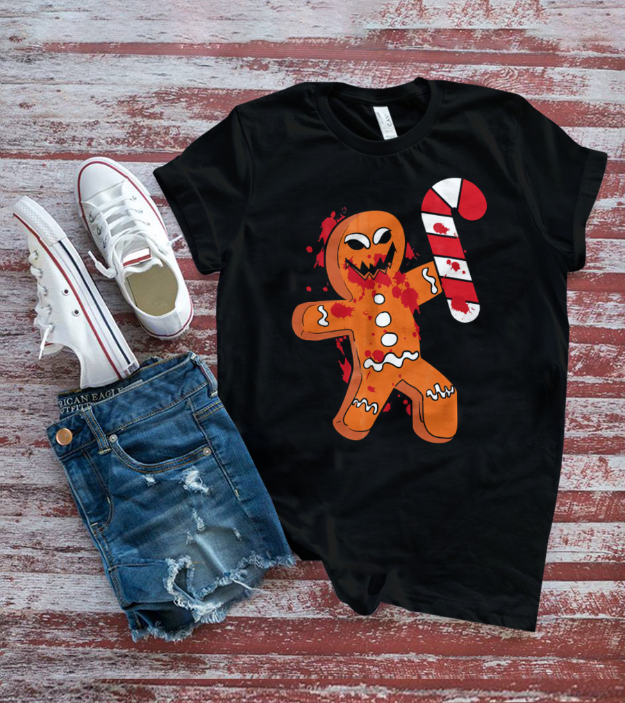 Christmas Horror Scary Gingerbread With Bloody Candy Cane T-Shirt