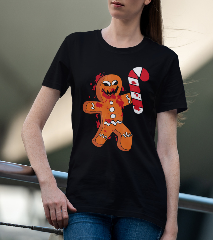 Christmas Horror Scary Gingerbread With Bloody Candy Cane T-Shirt