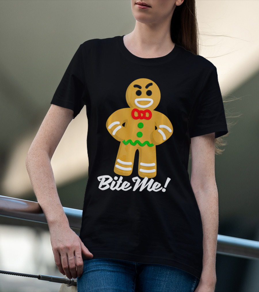 Funny Christmas Gingerbread Man Bite Me T-Shirt
