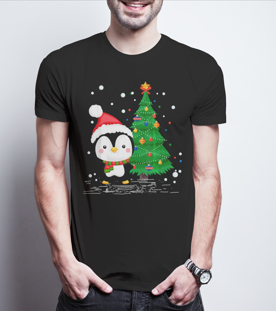 Funny Penguin Lover Santa Hat Christmas Tree Pengu T-Shirt