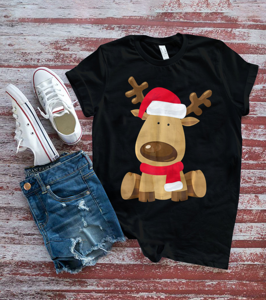 Adorable Festive Reindeer With Santa Hat And Scarf T-Shirt