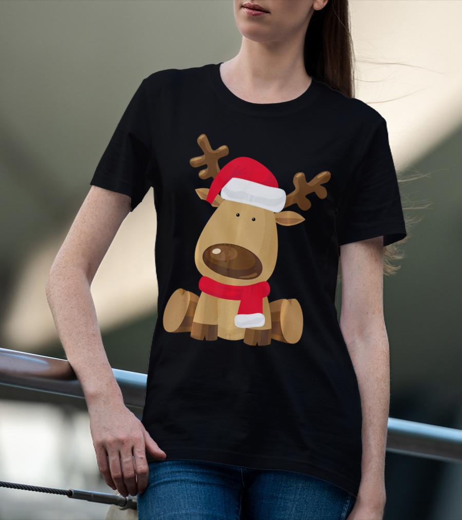 Adorable Festive Reindeer With Santa Hat And Scarf T-Shirt