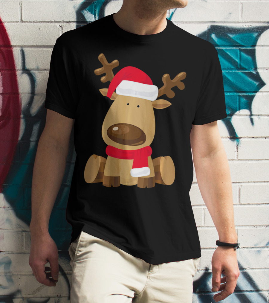 Adorable Festive Reindeer With Santa Hat And Scarf T-Shirt