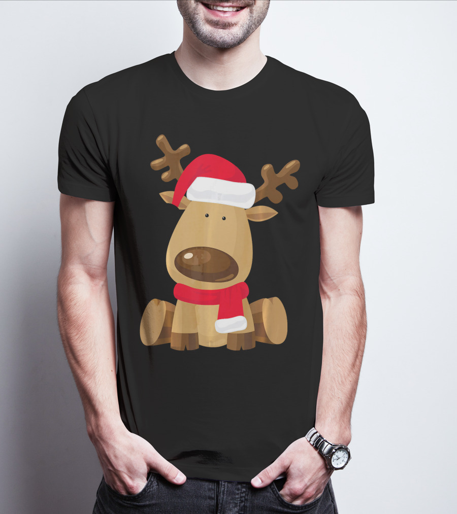 Adorable Festive Reindeer With Santa Hat And Scarf T-Shirt