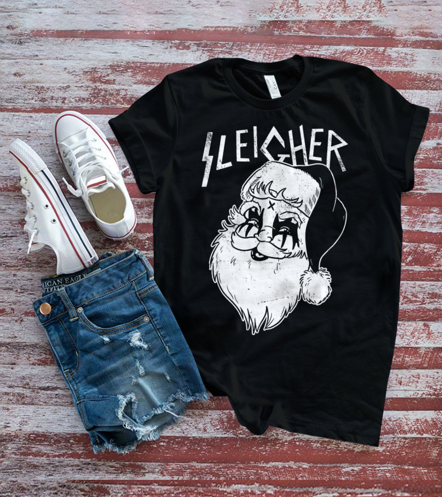 Sleigher Funny Christmas Black Metal Santa T-Shirt