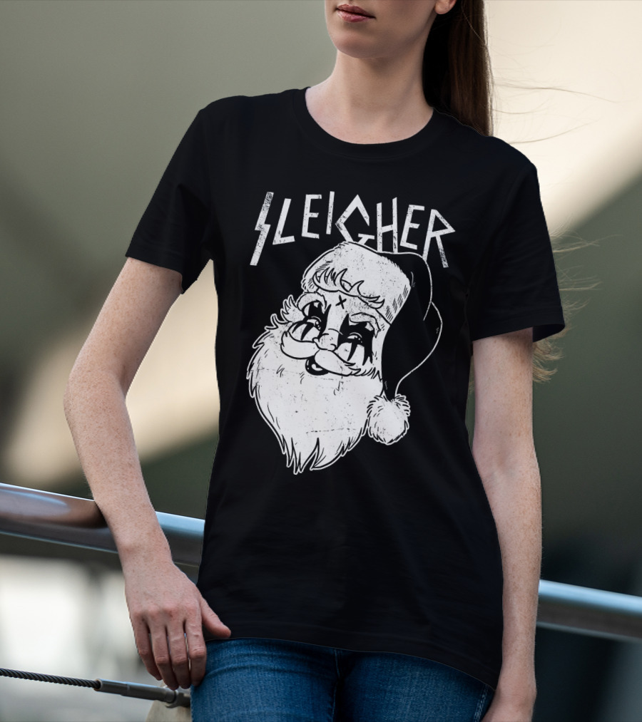 Sleigher Funny Christmas Black Metal Santa T-Shirt