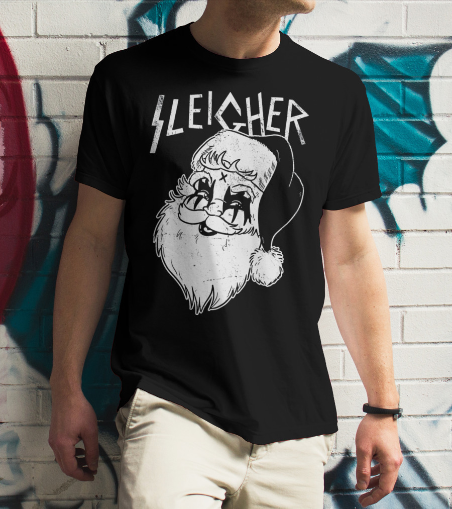 Sleigher Funny Christmas Black Metal Santa T-Shirt