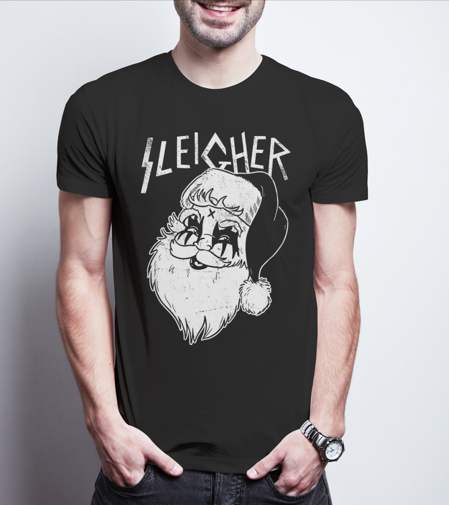 Sleigher Funny Christmas Black Metal Santa T-Shirt