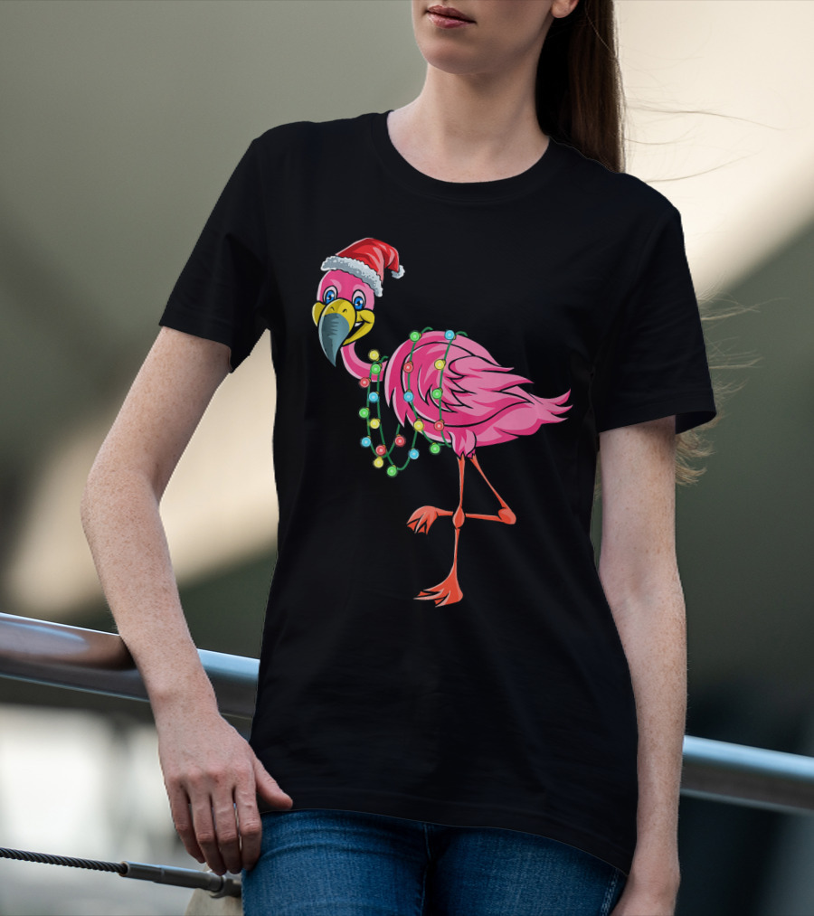 Christmas Flamingo Santa Hat Festive Lights Fun T-Shirt