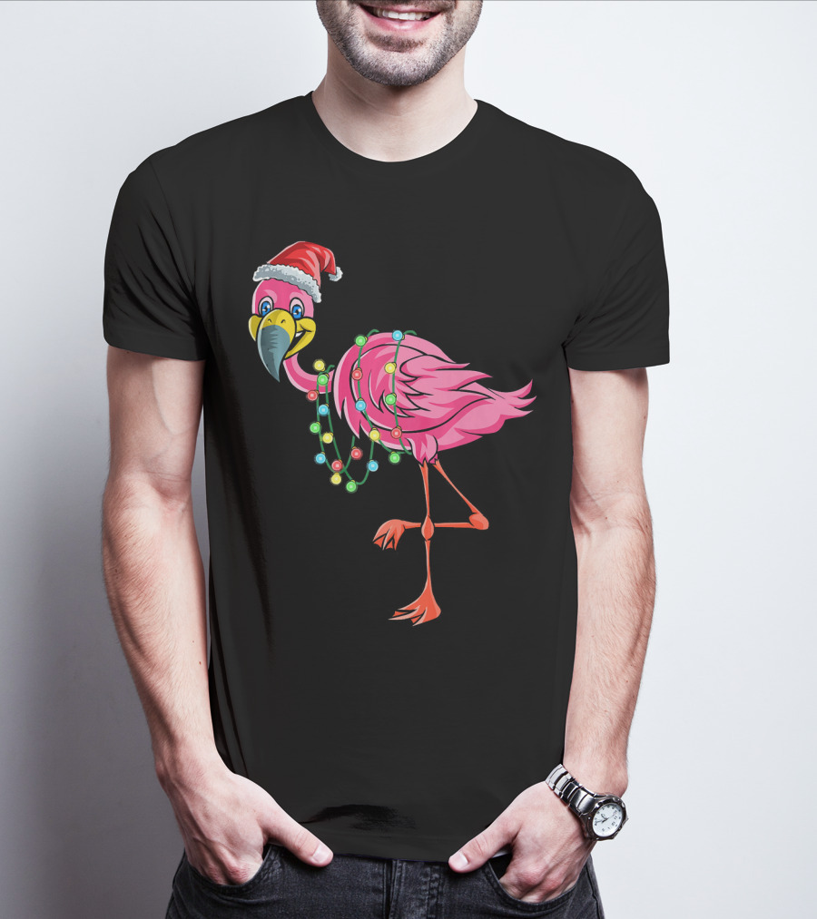 Christmas Flamingo Santa Hat Festive Lights Fun T-Shirt