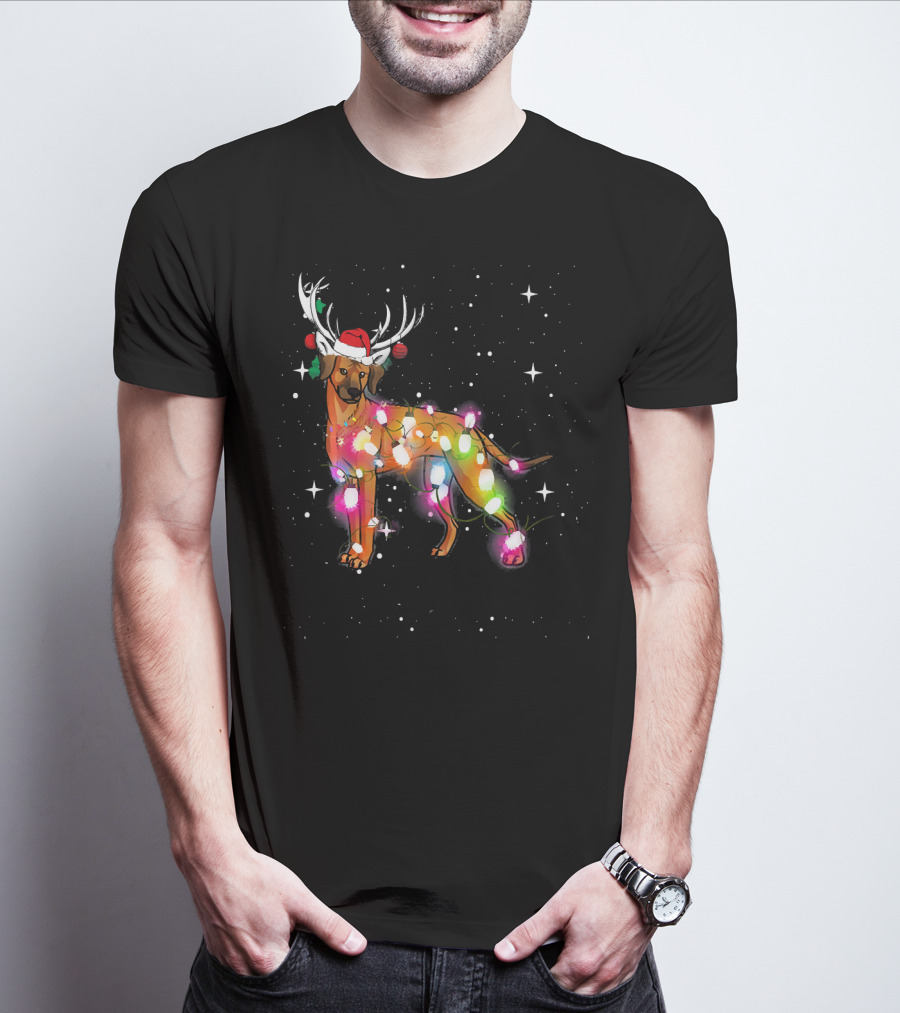 Christmas Lights Rhodesian Ridgeback Dog With Antlers Santa Hat T-Shirt