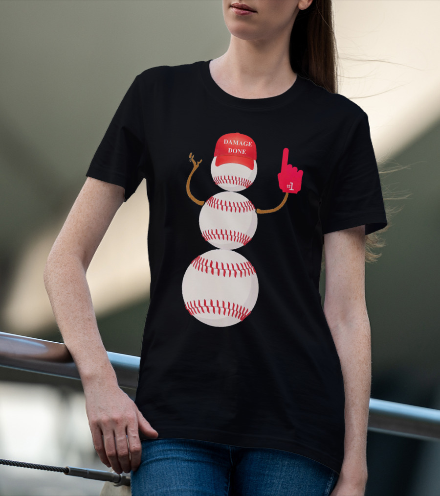 Damage Done Baseball Snowman With Red Cap And Foam Finger T-Shirt