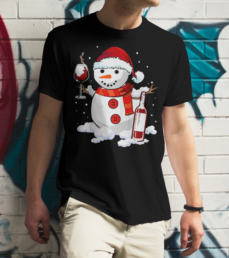 Snowman With Santa Hat And Scarf Holding Wine Glass And Bottle Christmas Drinking T-Shirt