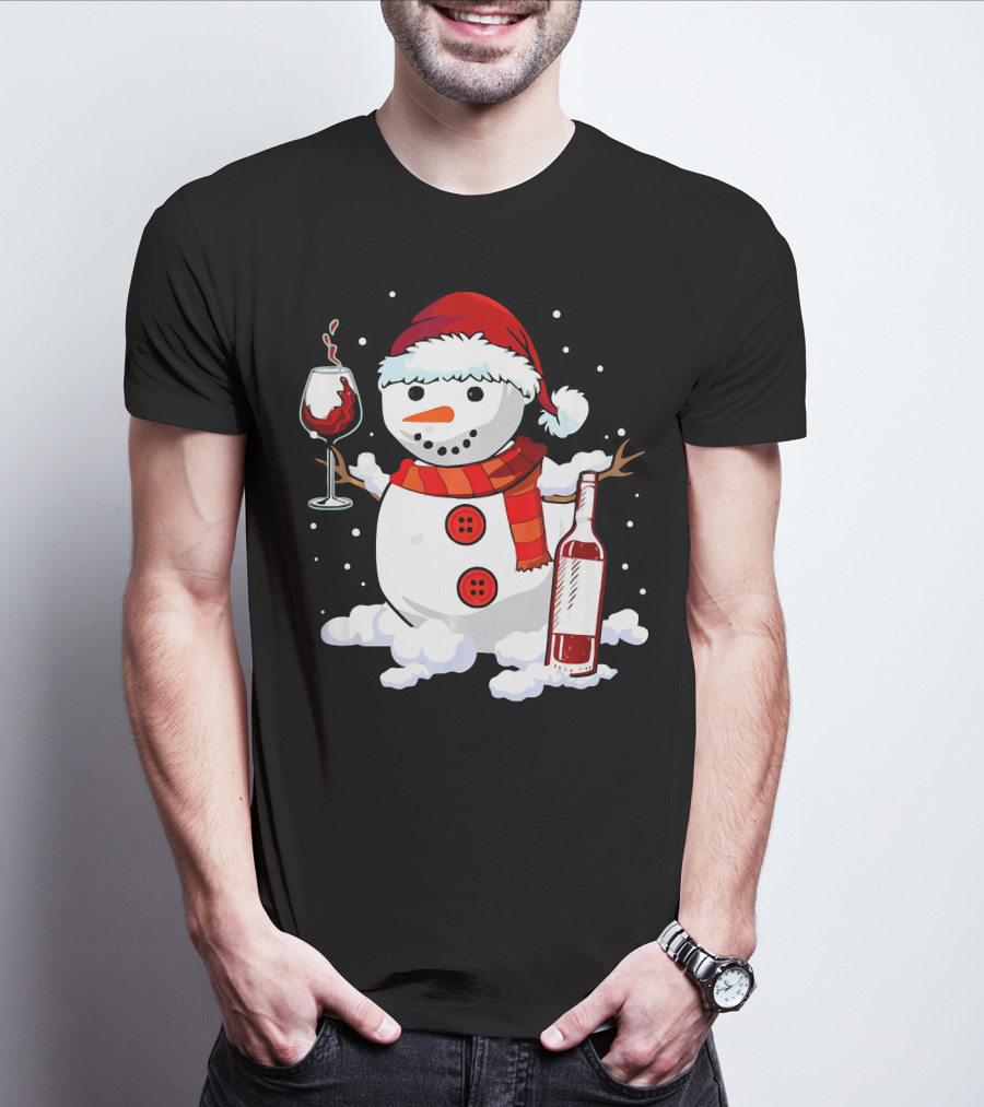 Snowman With Santa Hat And Scarf Holding Wine Glass And Bottle Christmas Drinking T-Shirt