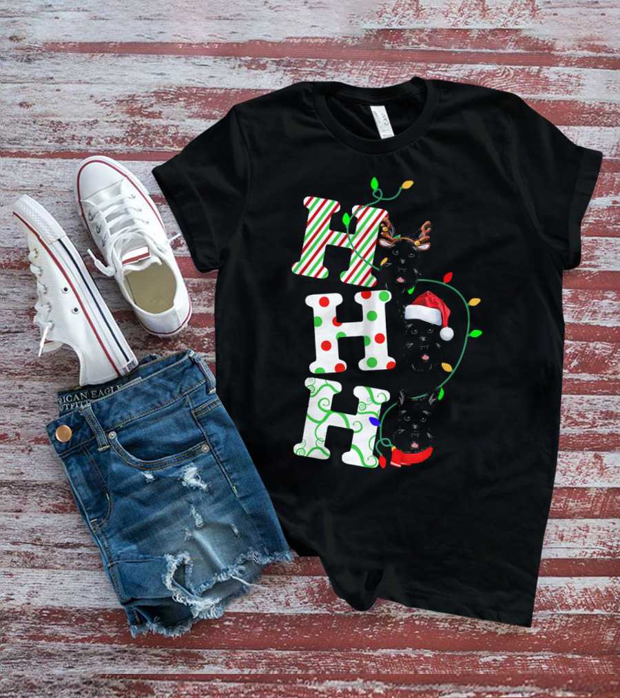 Scottish Terrier Ho Ho Ho Christmas Lights Santa Hat And Antlers T-Shirt