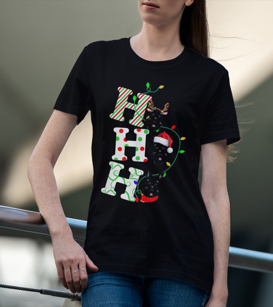 Scottish Terrier Ho Ho Ho Christmas Lights Santa Hat And Antlers T-Shirt
