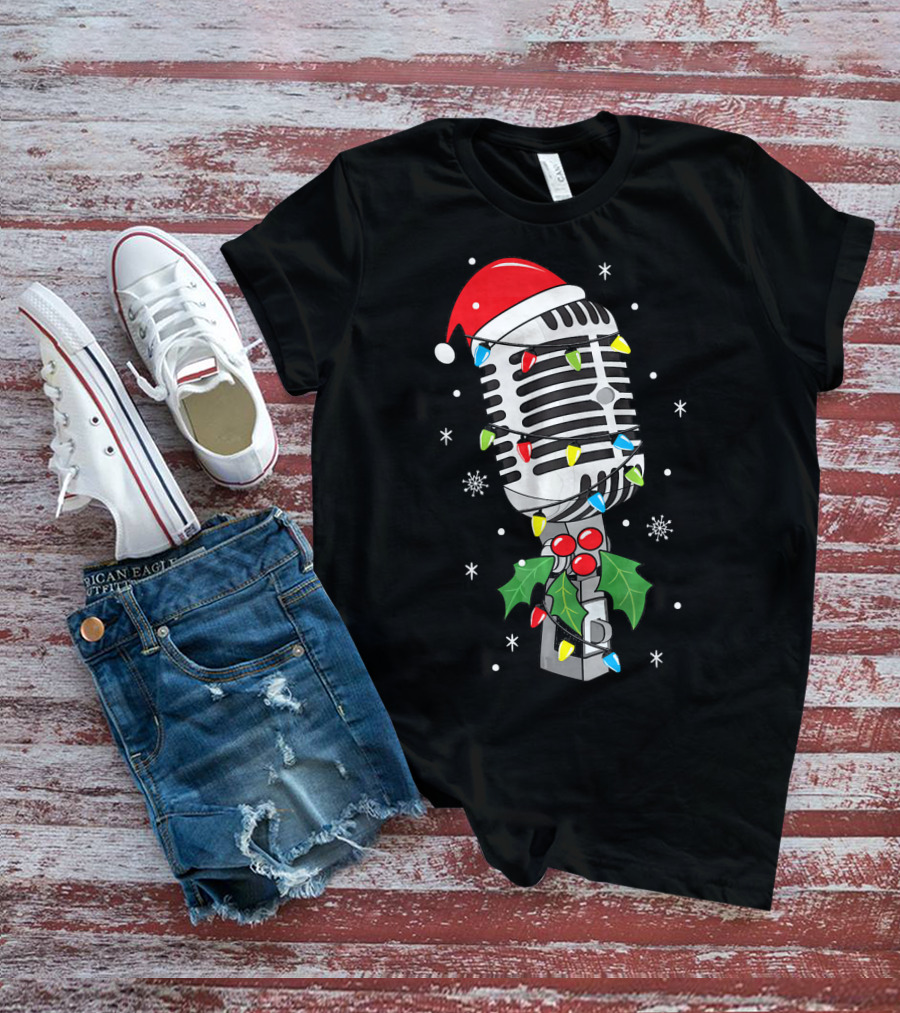 Retro Microphone With Santa Hat And Holiday Lights T-Shirt