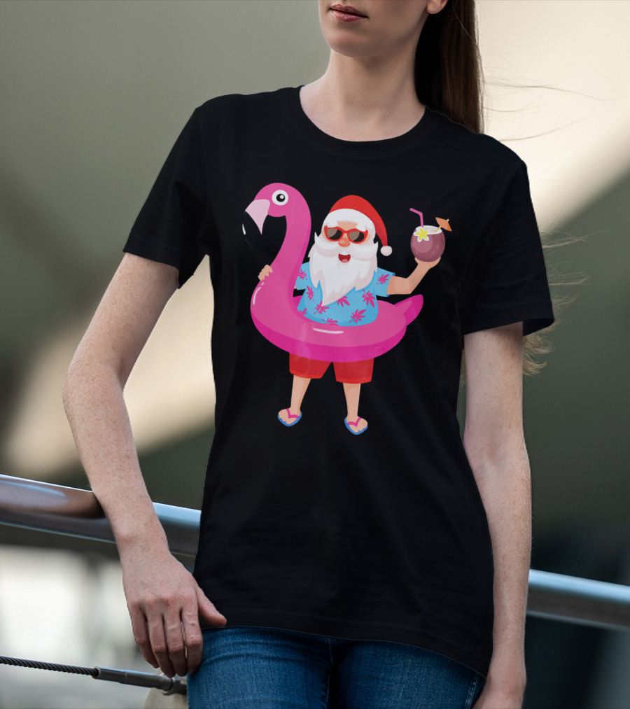 Funny Santa Claus With Flamingo And Tropical Drink T-Shirt