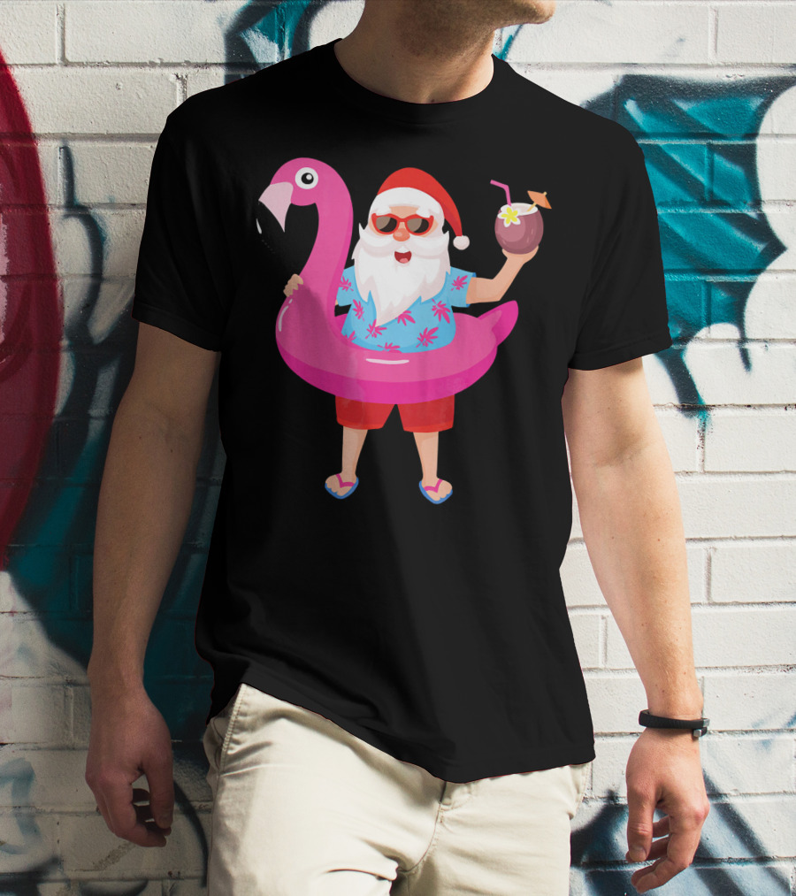 Funny Santa Claus With Flamingo And Tropical Drink T-Shirt