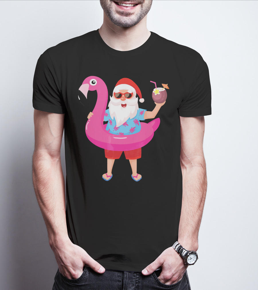 Funny Santa Claus With Flamingo And Tropical Drink T-Shirt