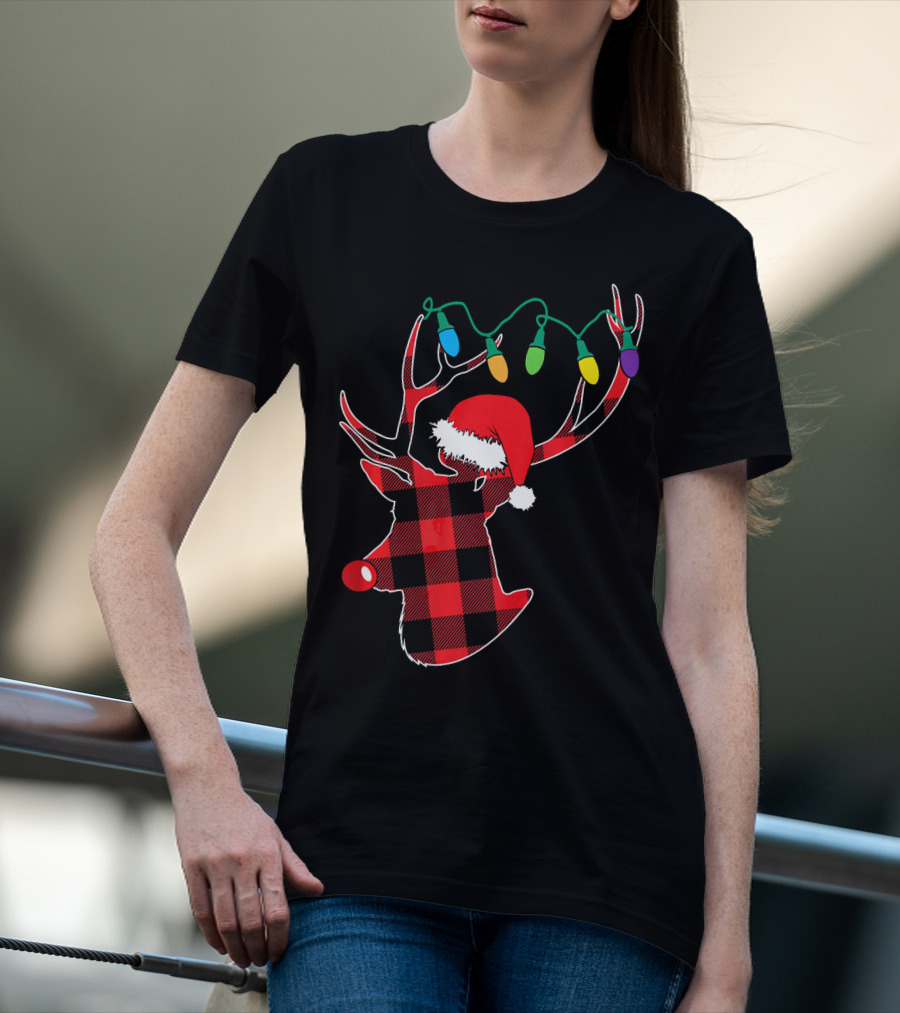 Christmas Deer Santa Hat Buffalo Plaid String Lights T-Shirt