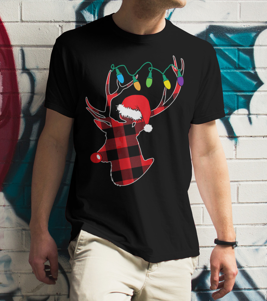 Christmas Deer Santa Hat Buffalo Plaid String Lights T-Shirt