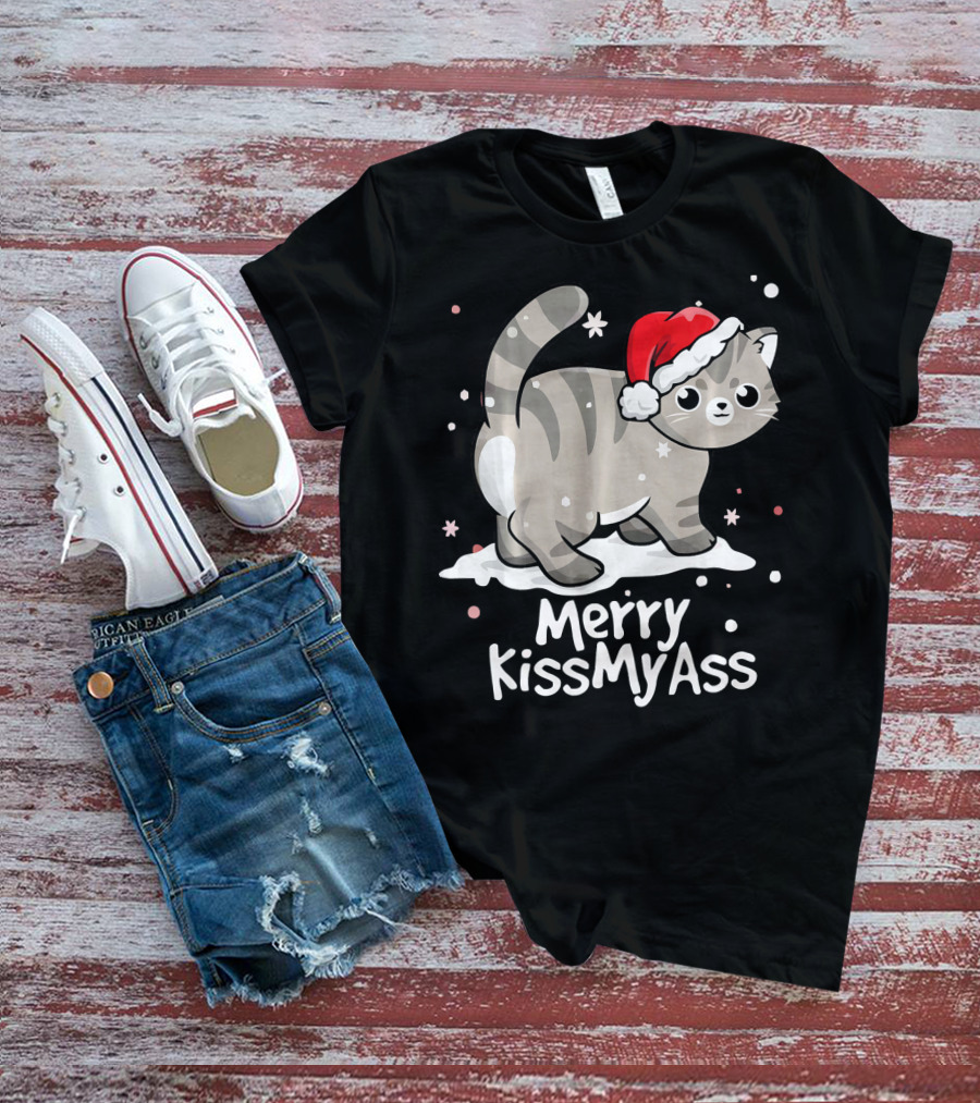 Merry KissMyAss Cat With Santa Hat In Snowflakes T-Shirt