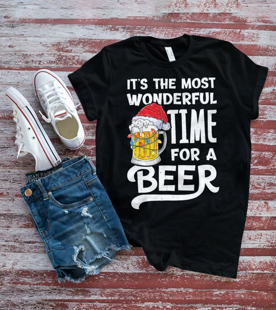 It's The Most Wonderful Time For A Beer With Santa Hat And Holiday Lights T-Shirt