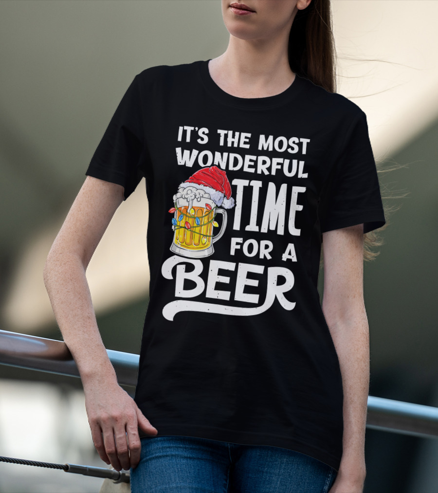 It's The Most Wonderful Time For A Beer With Santa Hat And Holiday Lights T-Shirt